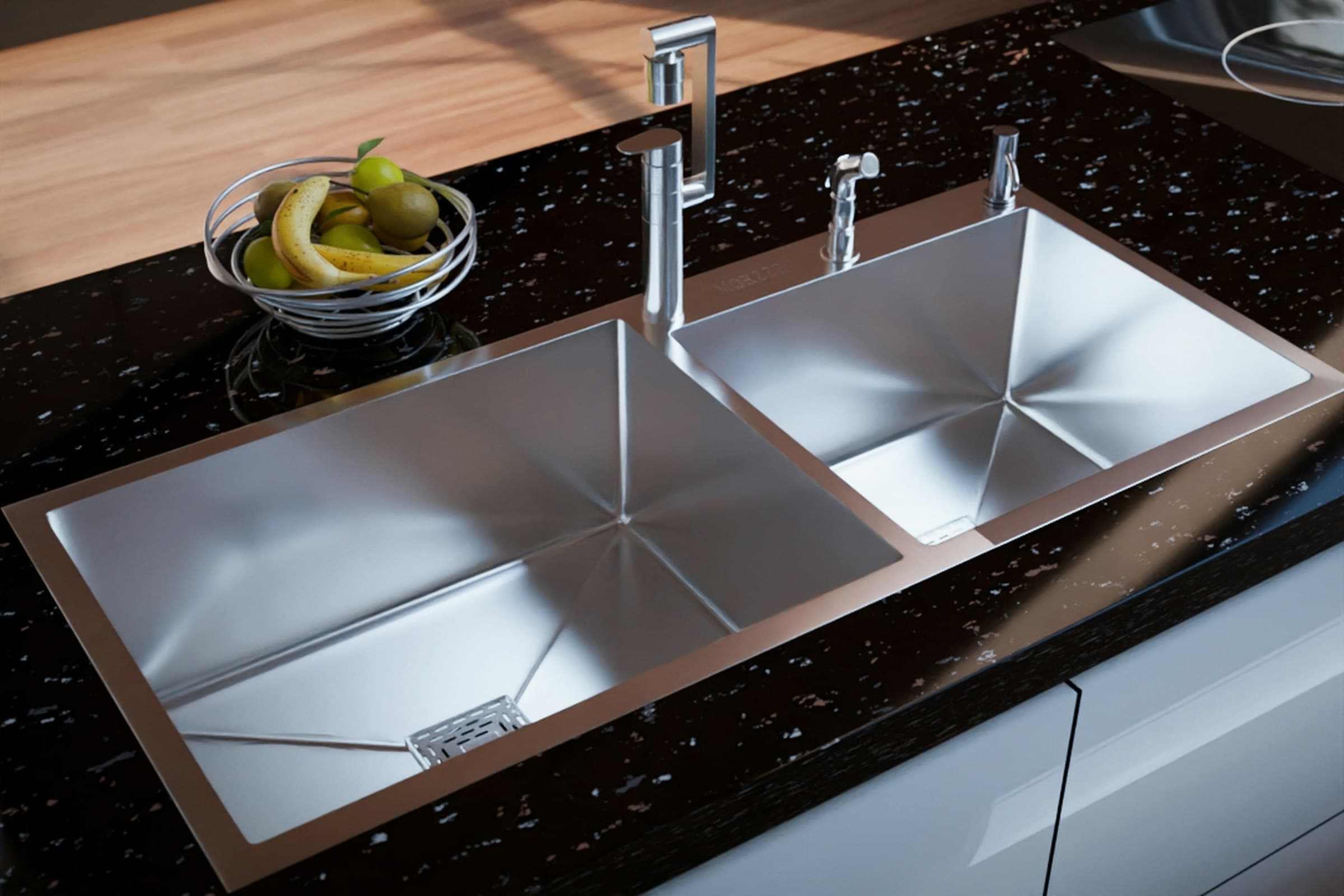Modern kitchen sink with chrome faucet